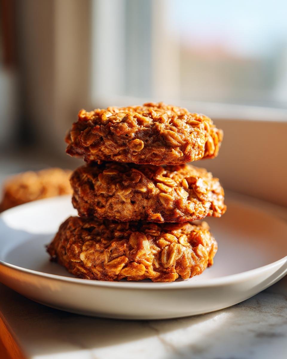 Three stacked, rustic Healthy Pumpkin Oatmeal Cookies showing visible oats, bathed in warm sunlight.