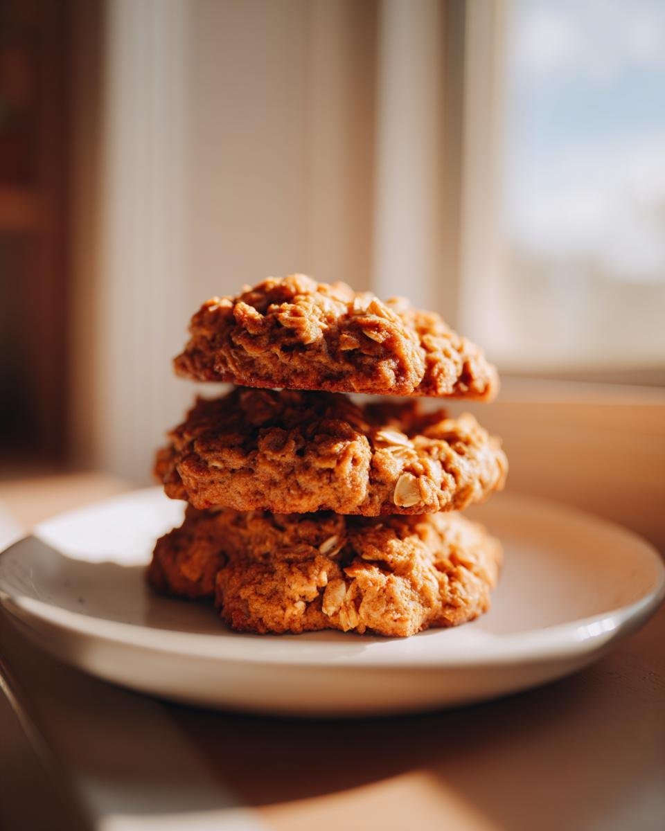 Three stacked Healthy Pumpkin Oatmeal Cookies with visible oats, bathed in warm sunlight.
