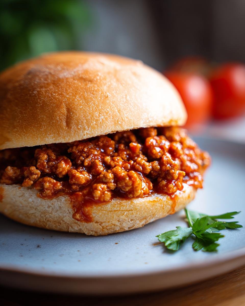 A close-up of a juicy Healthy Sloppy Joes filling served open-faced on a toasted bun, garnished with parsley.