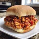 Close-up of a juicy serving of Healthy Sloppy Joes filling loaded onto a soft white bun on a white plate.