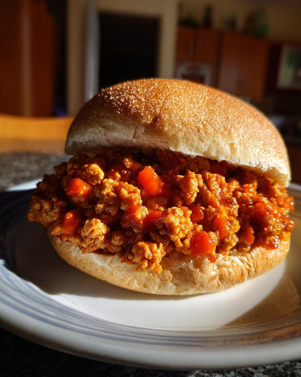 A single serving of Healthy Sloppy Joes filling piled high on a soft, toasted bun, sitting on a white and blue plate.