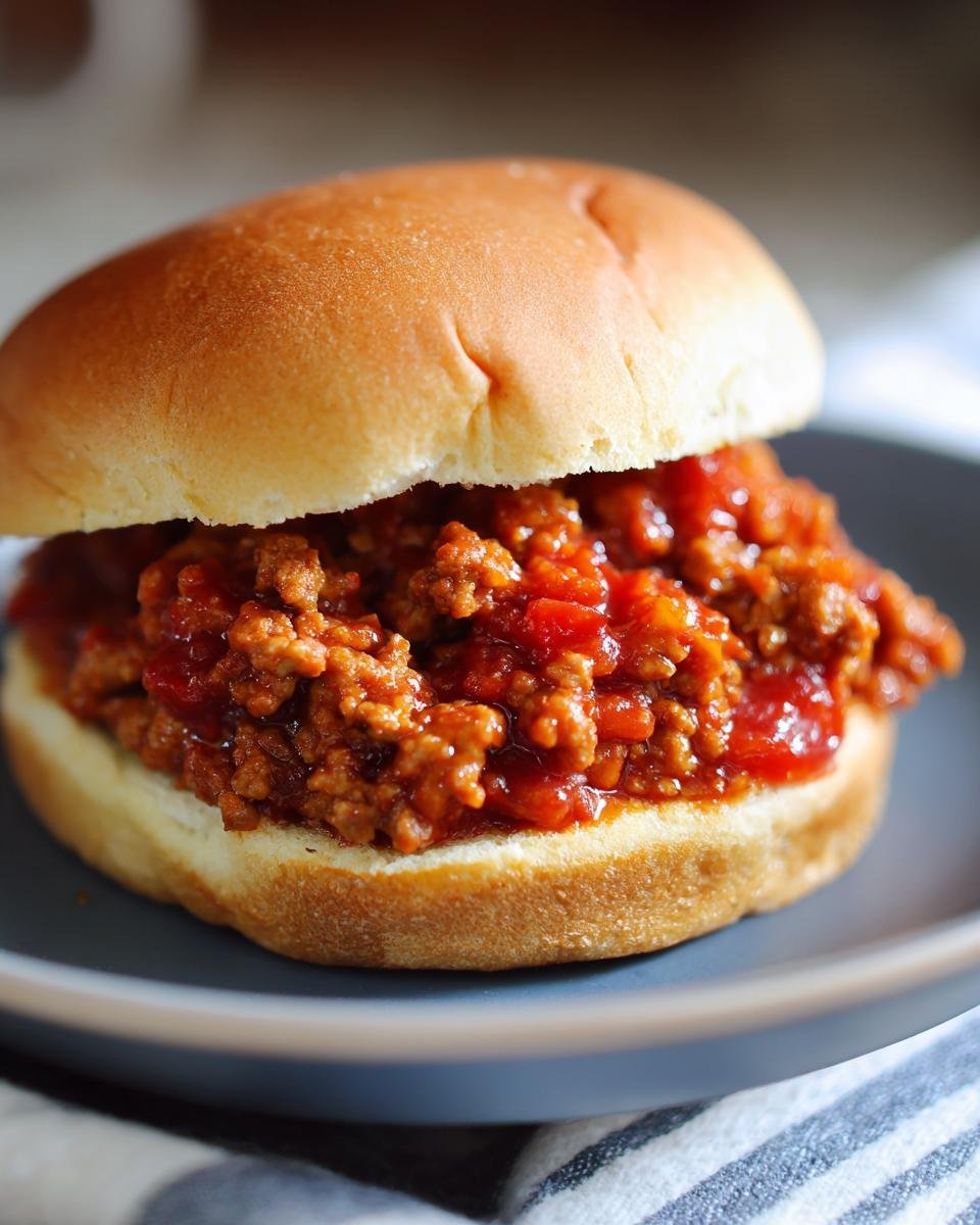 Close-up of a juicy Healthy Sloppy Joes filling served on a soft, toasted bun.