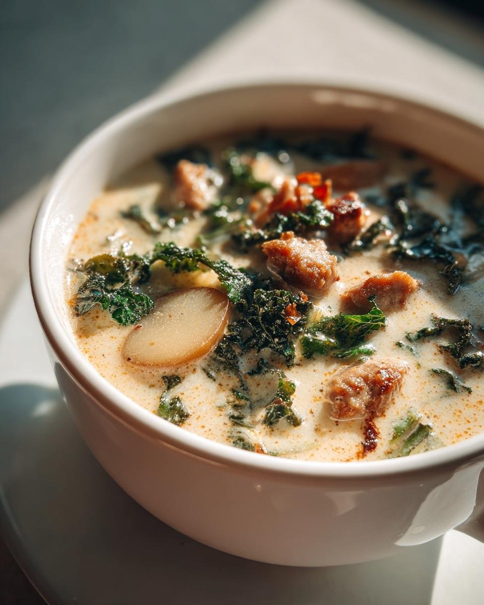 A close-up of a white bowl filled with creamy Healthy Zuppa Toscana soup, featuring sausage, kale, and potato slices.