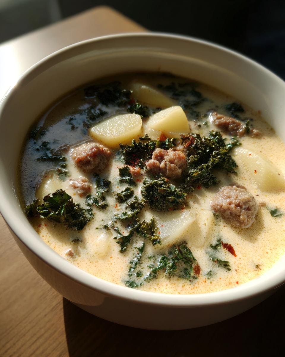 Close-up of a bowl of creamy Healthy Zuppa Toscana featuring chunks of potato, sausage, and dark green kale.