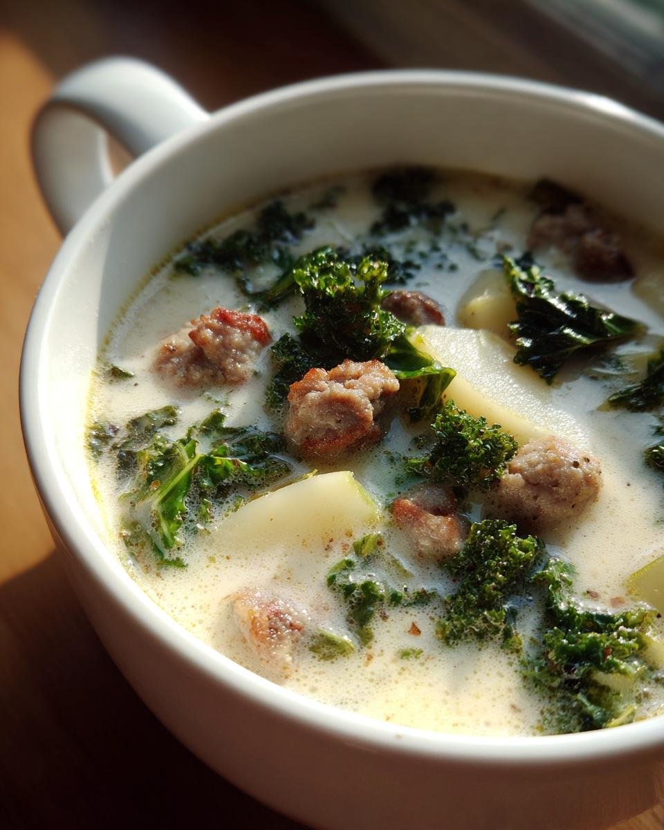 A close-up view of a white mug filled with creamy Healthy Zuppa Toscana, showing sausage, kale, and potato chunks.