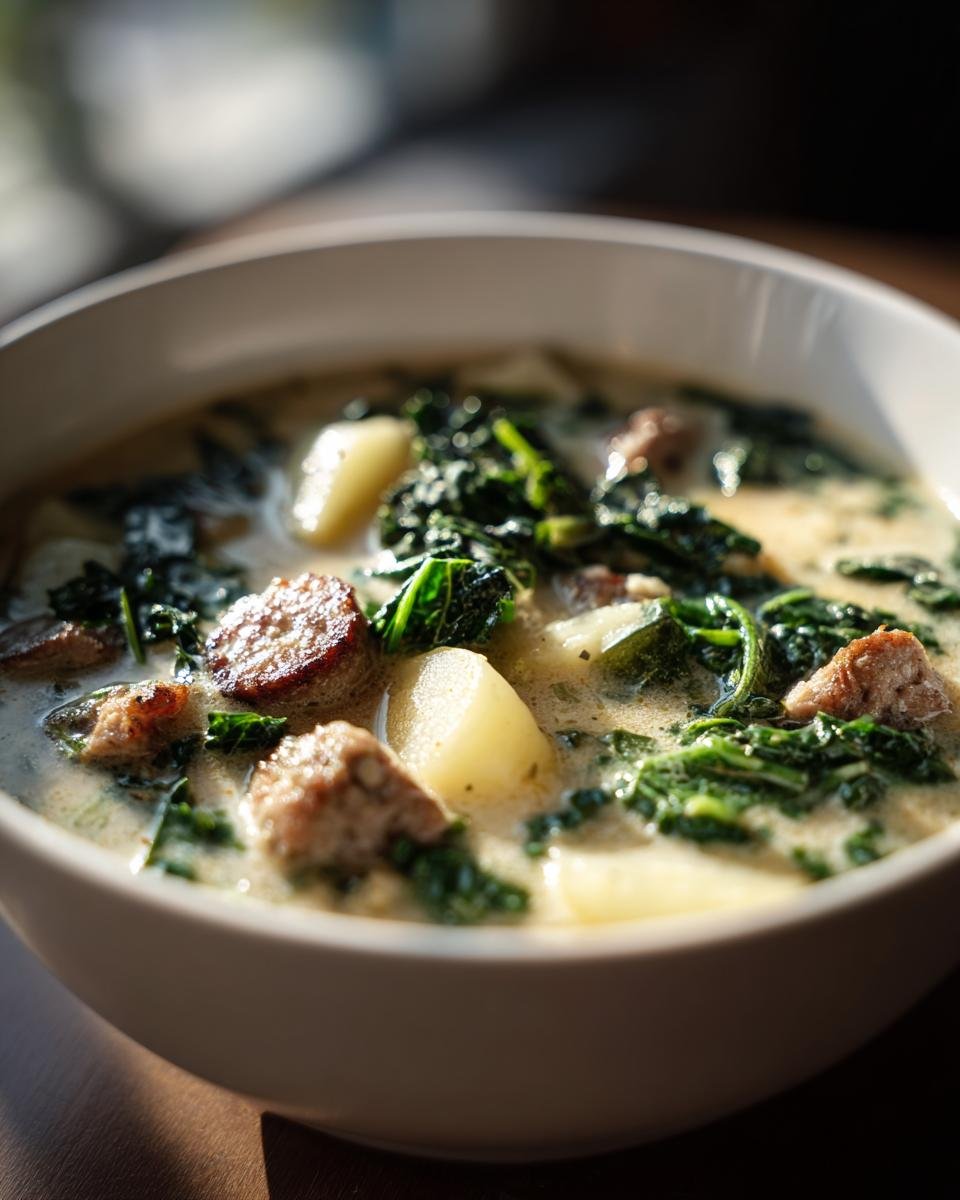 Close-up of a creamy bowl of Healthy Zuppa Toscana featuring sausage slices, potatoes, and dark green kale.