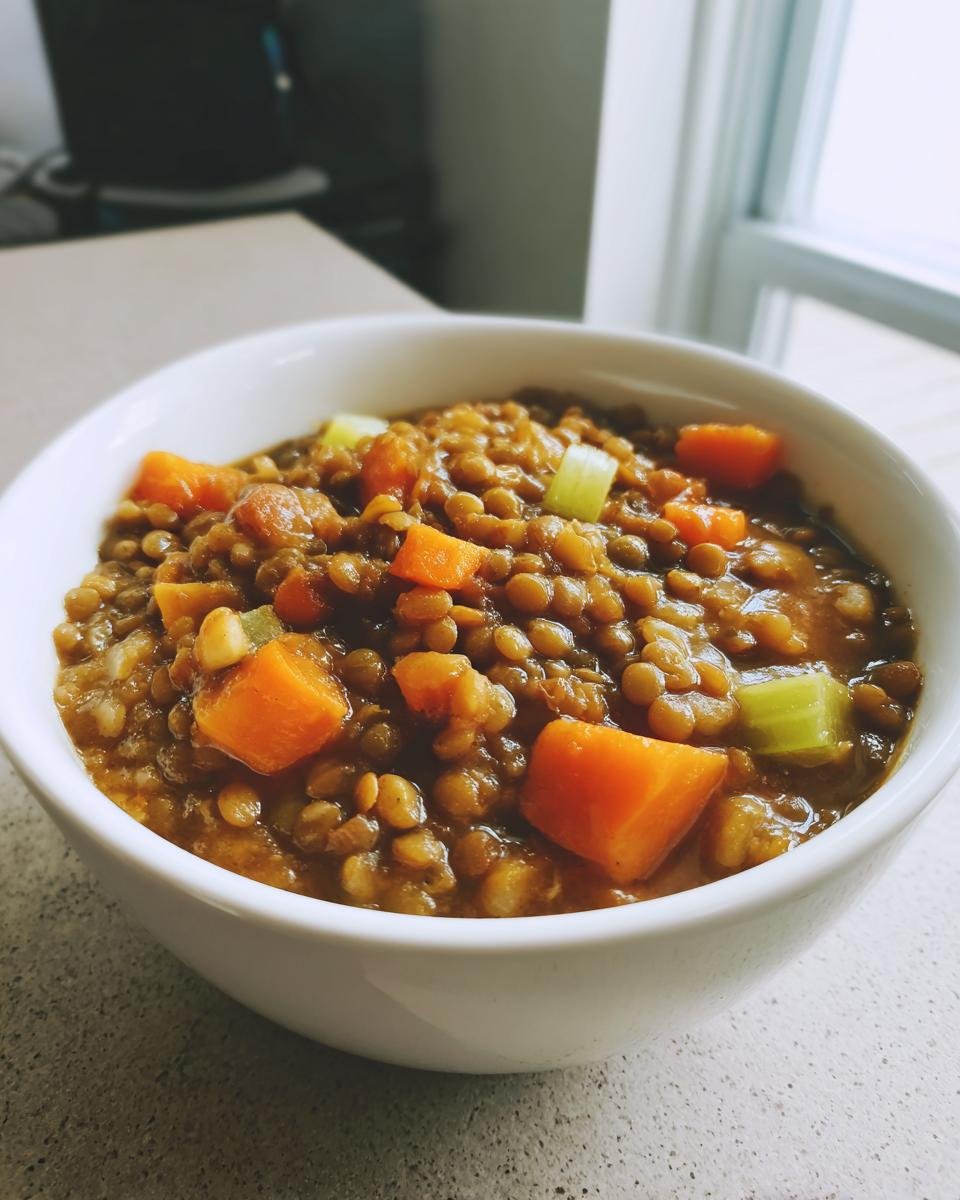A close-up of a white bowl filled with Hearty Crockpot Lentil Soup, showing lentils, diced carrots, and celery.