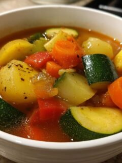 Close-up of a white bowl filled with Hearty Garden Vegetable Soup featuring chunks of zucchini, carrots, and potatoes in a rich broth.