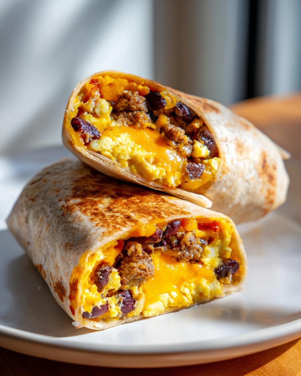 Close-up of a High Protein Breakfast Burrito cut in half, showing scrambled eggs, sausage, black beans, and melted cheese.