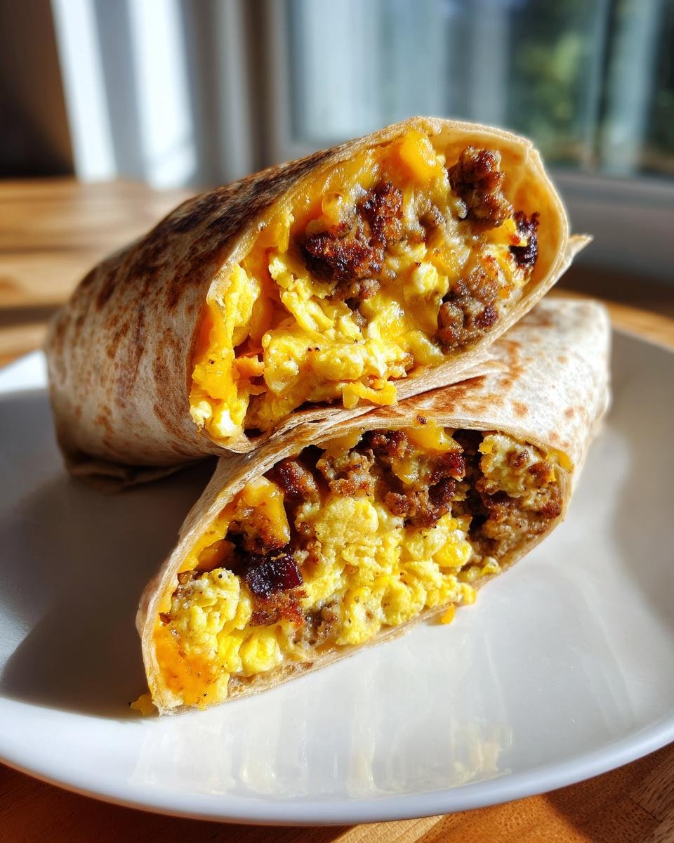 Close-up of a High Protein Breakfast Burritos cut in half, showing scrambled eggs, sausage, and melted cheese inside a tortilla.