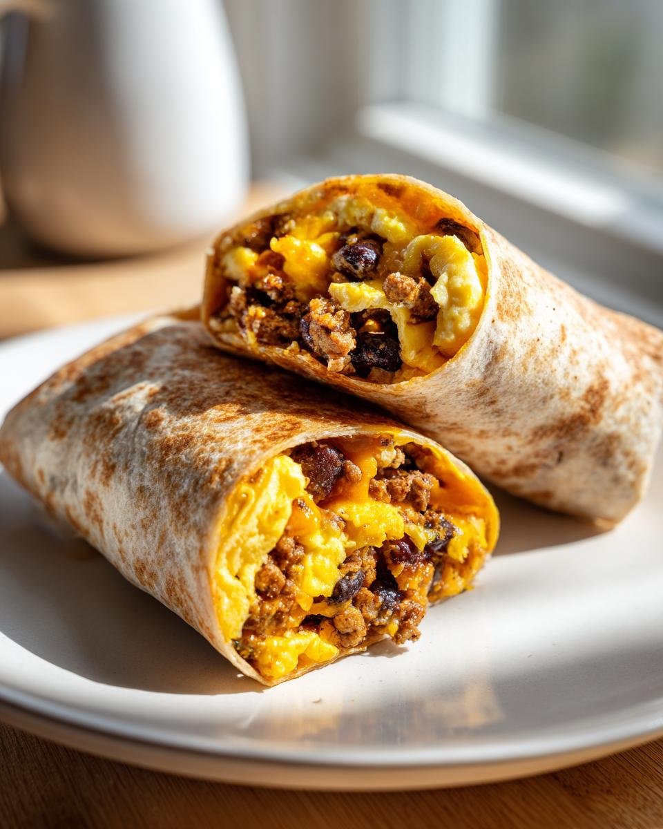 Close-up of a High Protein Breakfast Burritos cut in half, showing scrambled eggs, seasoned meat, and black beans.