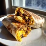 Two halves of a toasted High Protein Breakfast Burrito cut open to show scrambled eggs and sausage filling.