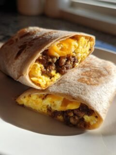 Two halves of a High Protein Breakfast Burrito showing scrambled eggs, sausage, and melted cheese inside.
