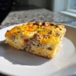 A square slice of High Protein Breakfast Casserole topped with melted cheddar cheese and sausage crumbles.