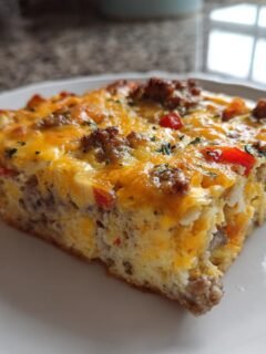 A square slice of High Protein Breakfast Casserole topped with melted cheddar cheese, sausage crumbles, and red peppers on a white plate.
