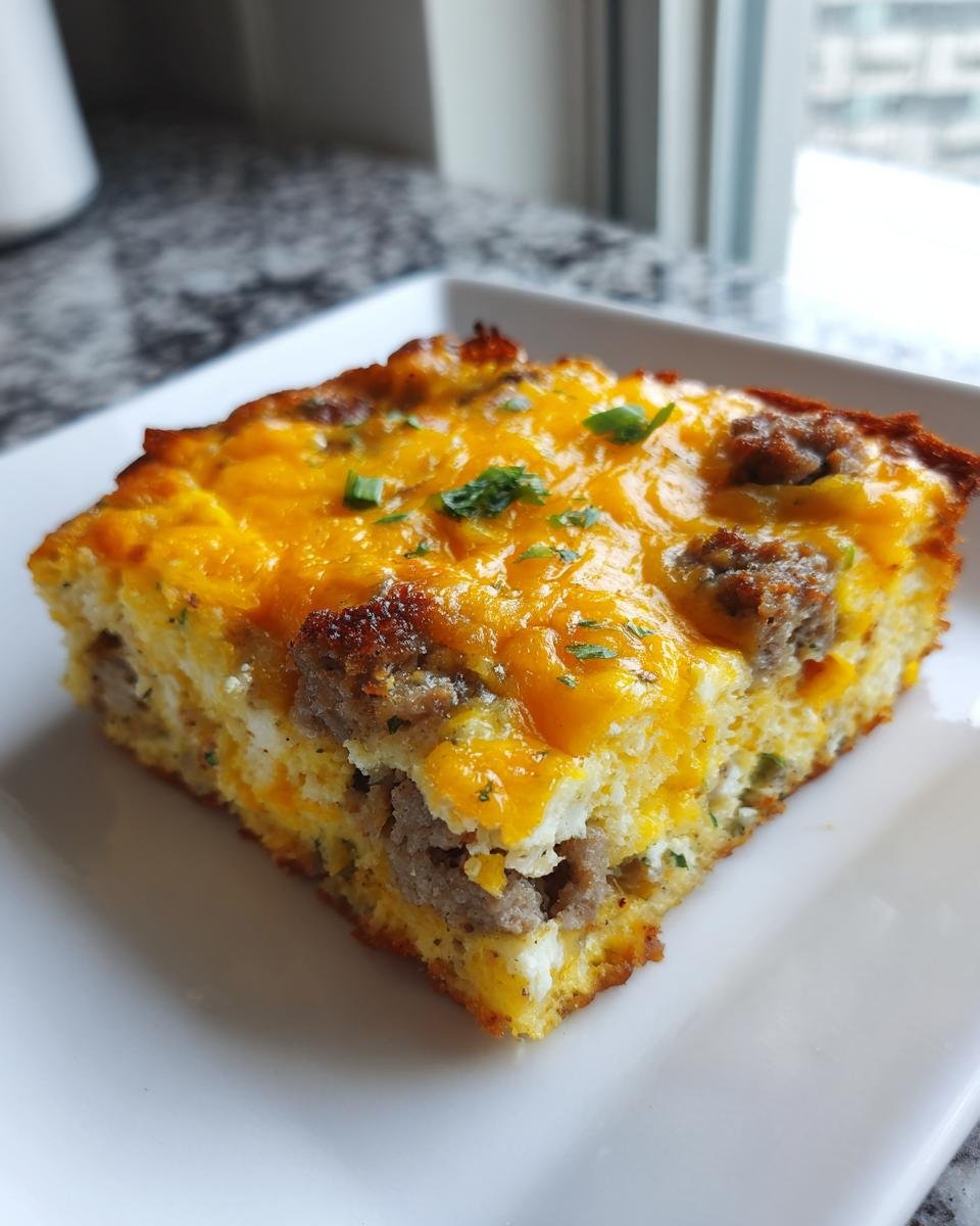 A square serving of High Protein Breakfast Casserole topped with melted cheddar cheese and sausage chunks.