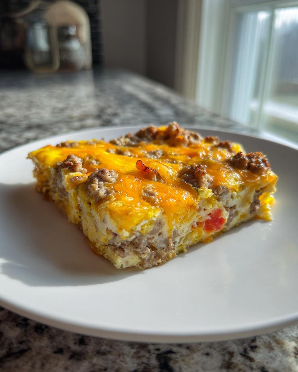 A square slice of High Protein Breakfast Casserole topped with melted cheddar cheese and crumbled sausage.