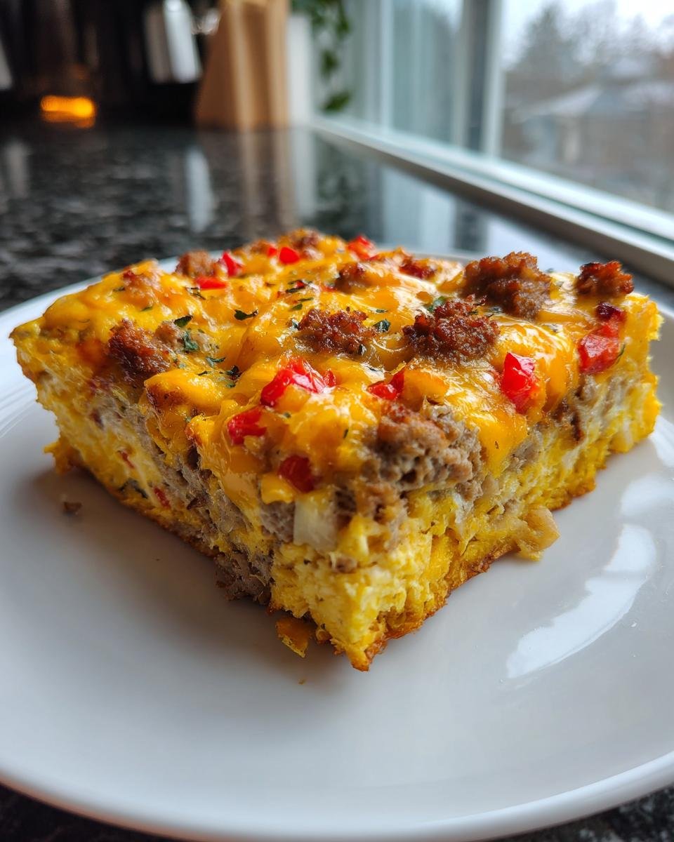 A thick slice of High Protein Breakfast Casserole featuring eggs, sausage, melted cheddar cheese, and red peppers.