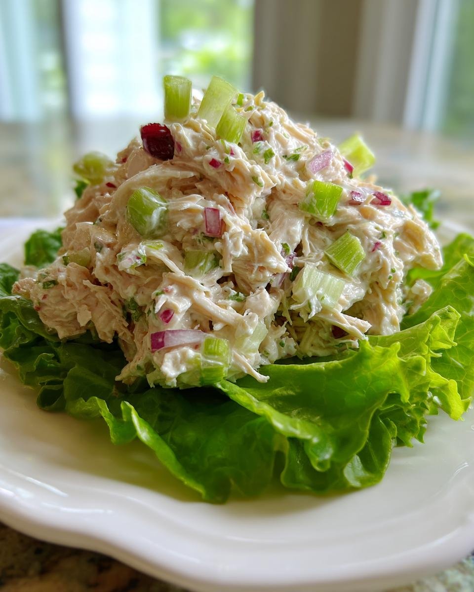 A mound of creamy High Protein Chicken Salad mixed with celery and red onion, served on crisp green lettuce leaves.