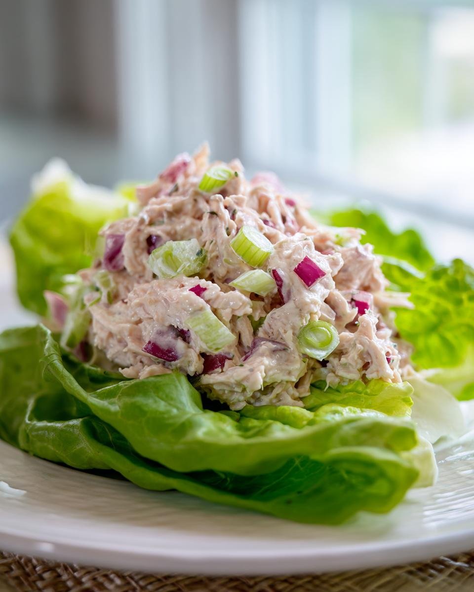 A scoop of creamy High Protein Chicken Salad mixed with red onion and celery, served in a crisp green lettuce cup.