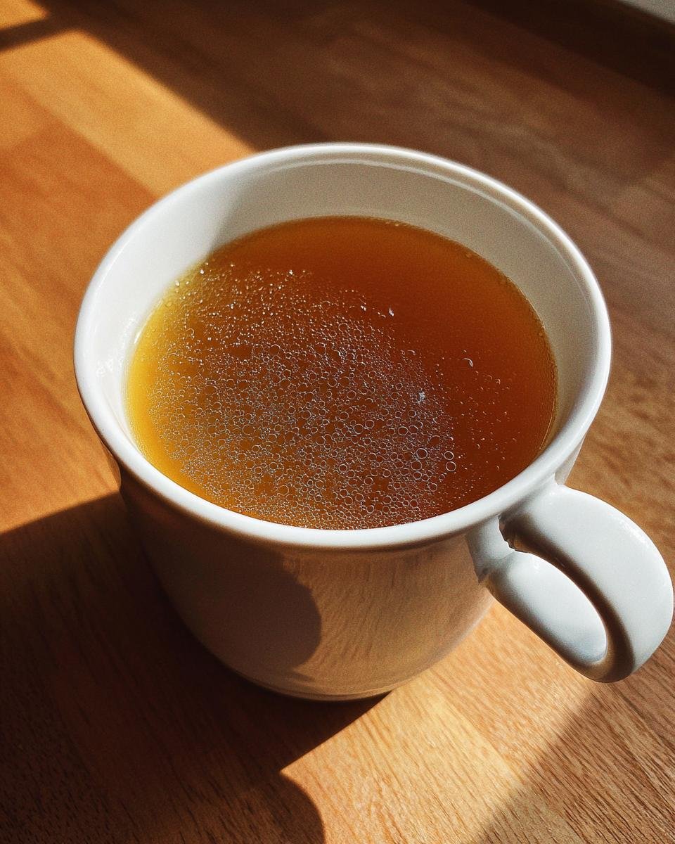 A close-up of rich, golden Homemade Bone Broth served hot in a white mug on a wooden table.
