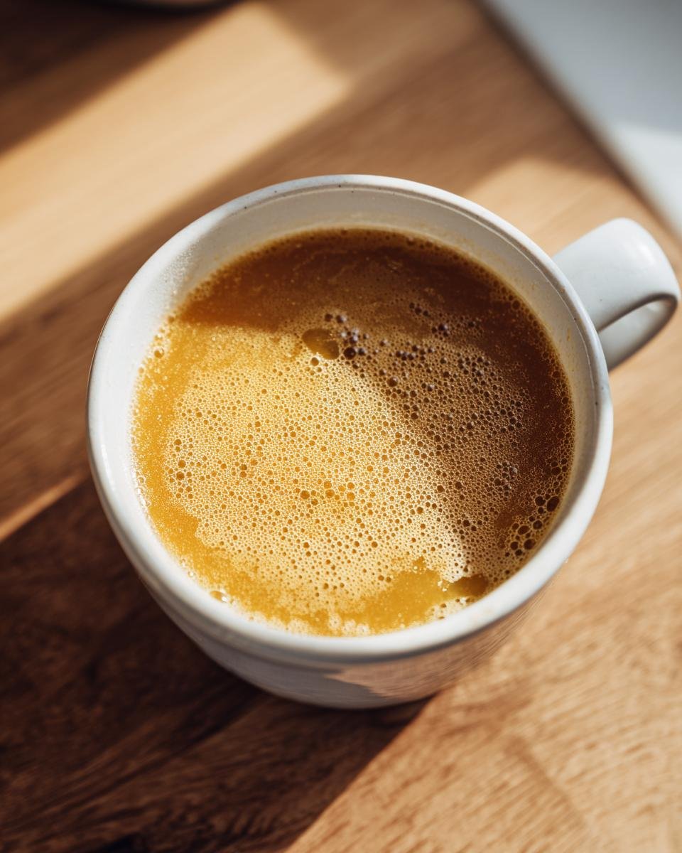 Close-up overhead view of rich, golden Homemade Bone Broth with a layer of small bubbles in a white mug.