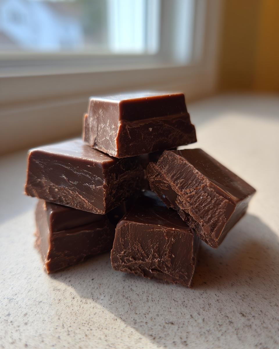 A small stack of rich, dark chocolate pieces representing Homemade Dark Chocolate Honey Mints.