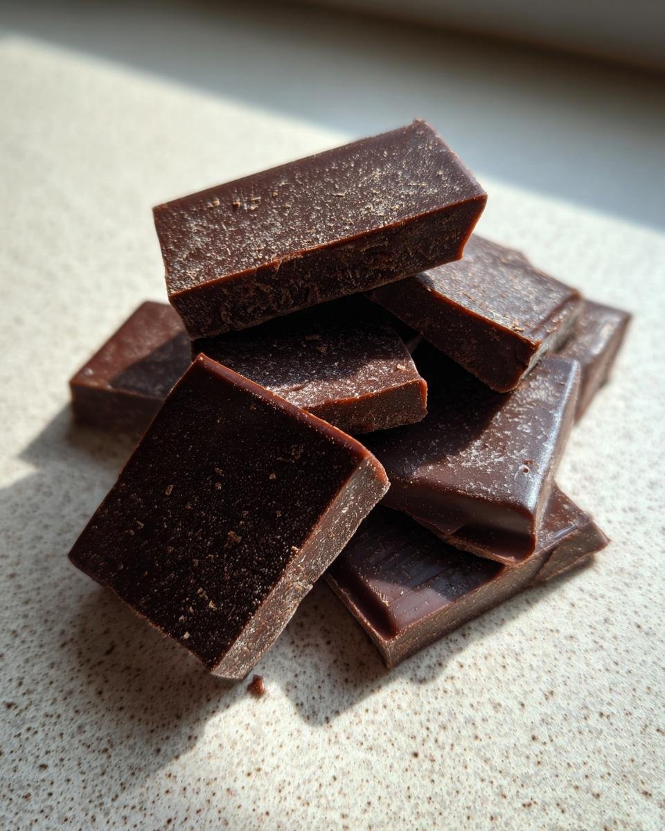 A small stack of rich, dark, rectangular Homemade Dark Chocolate Honey Mints pieces on a speckled surface.