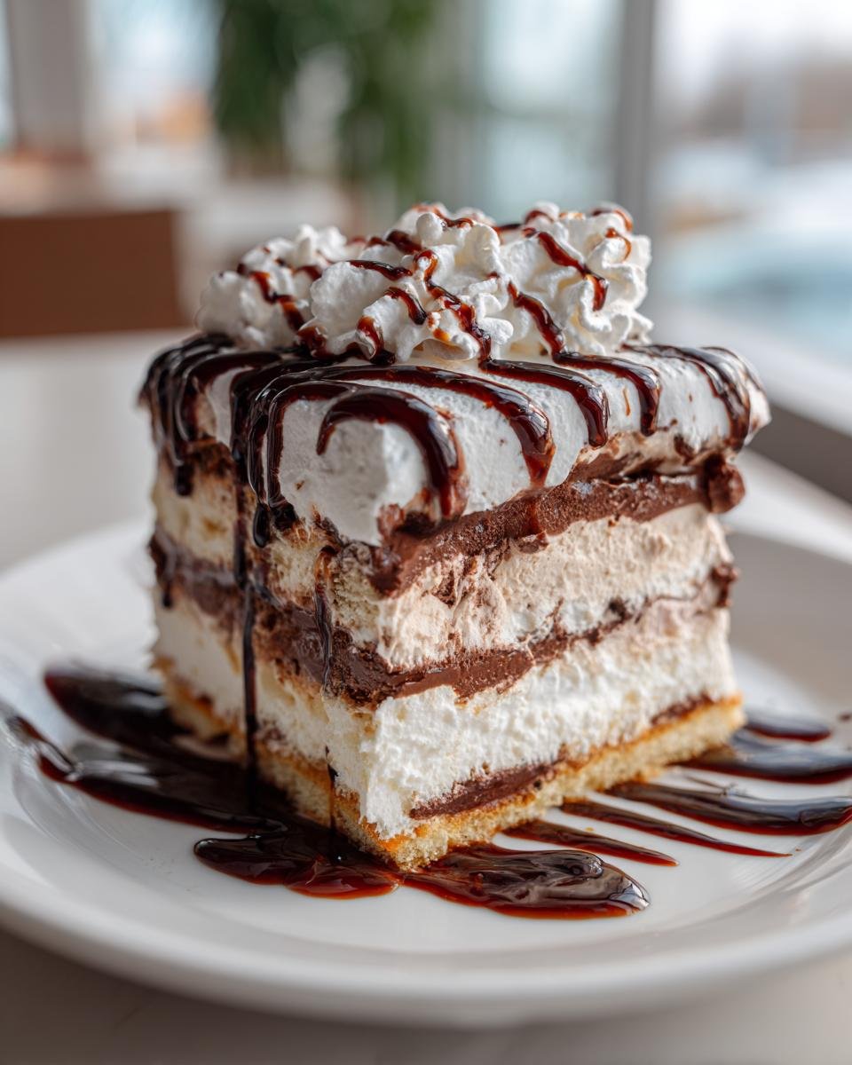 A decadent slice of Homemade Ice Cream Cake layered with cream and chocolate, topped with whipped cream and chocolate sauce.