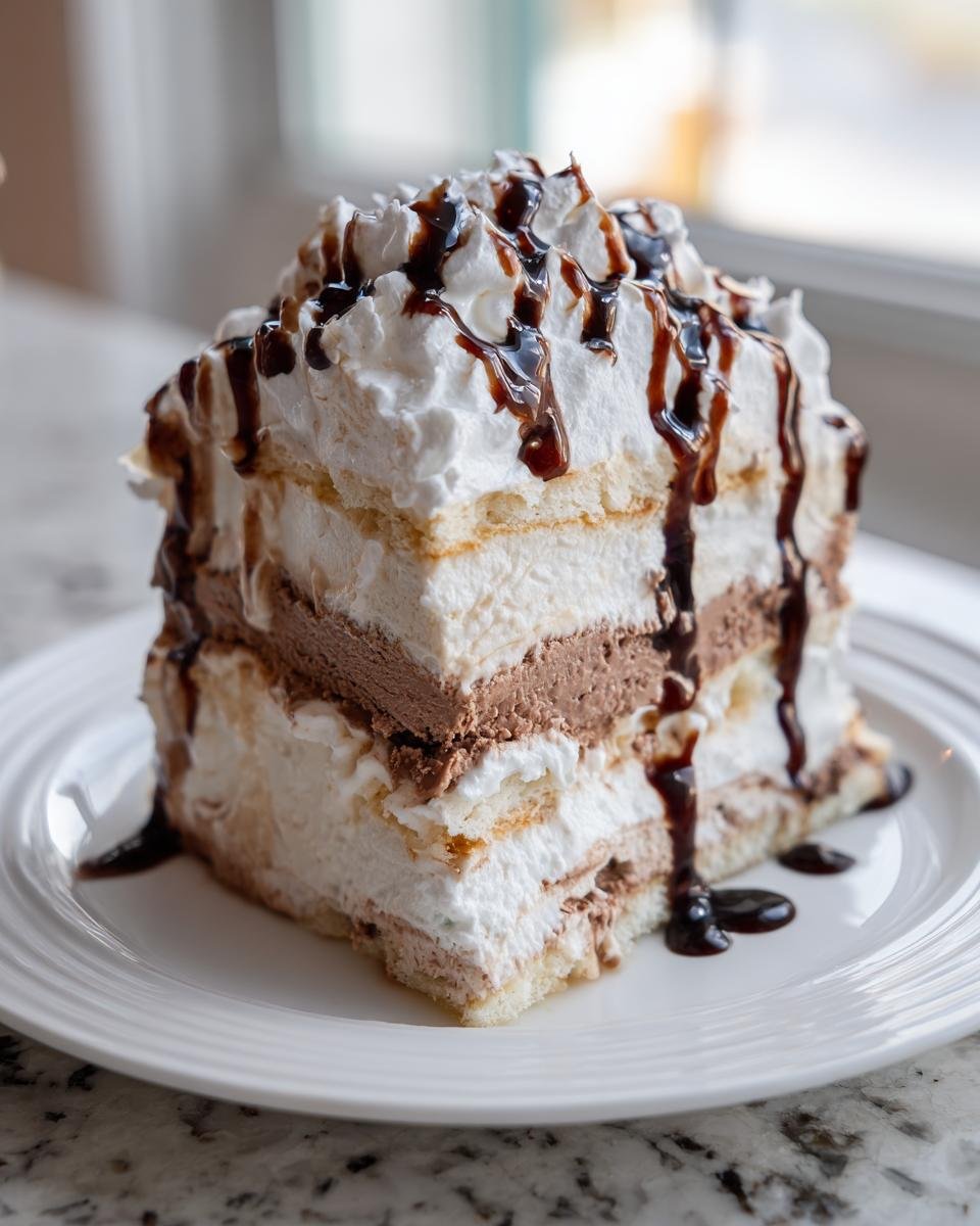 A tall slice of Homemade Ice Cream Cake featuring layers of cake, vanilla, and chocolate ice cream filling, topped with whipped cream and chocolate syrup.