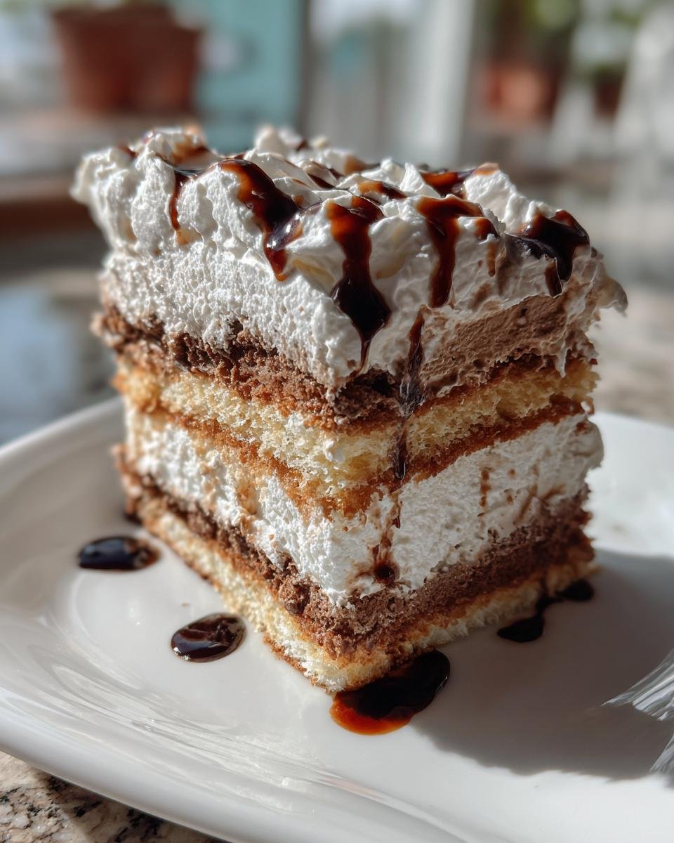 Close-up of a rich slice of Homemade Ice Cream Cake featuring layers of sponge, cream, and chocolate topping with syrup.