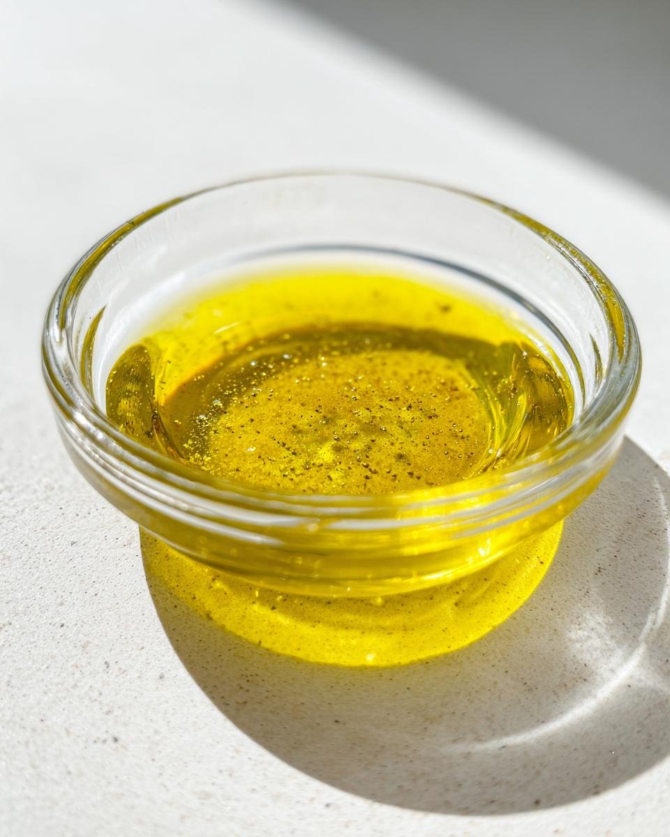 Close-up of bright yellow Honey Lime Dressing, seasoned with pepper flakes, in a small clear glass bowl.
