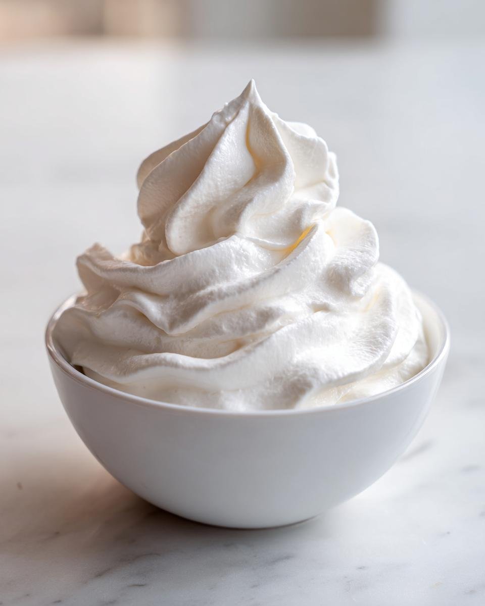 A close-up of stiff, perfectly piped Coconut Whipped Cream piled high in a small white bowl.