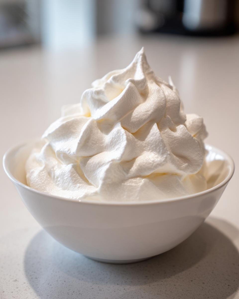 A close-up of stiffly peaked, fluffy coconut whipped cream served in a small white bowl.