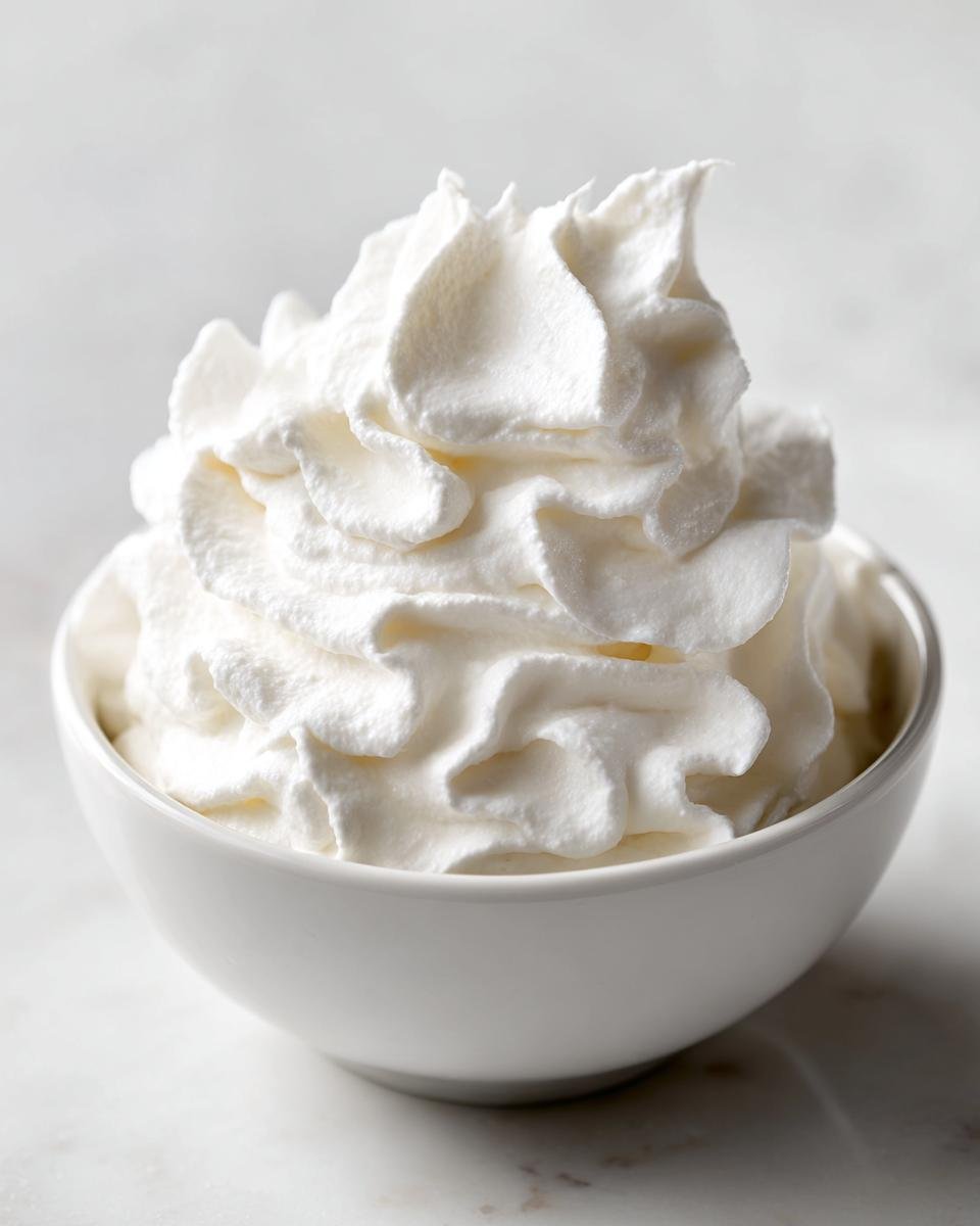 A close-up of fluffy, perfectly piped Coconut Whipped Cream in a small white bowl.