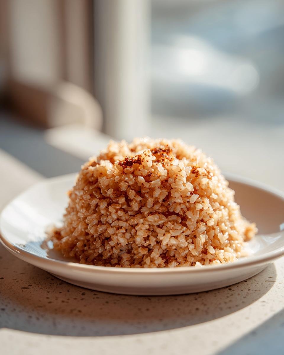 A small mound of perfectly cooked Instant Pot Brown Jasmine Rice served on a white plate, lightly seasoned.