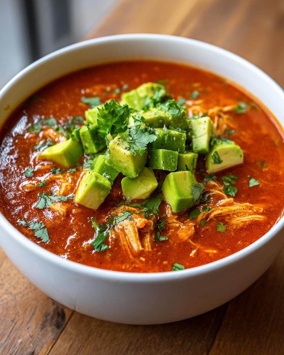 A close-up of rich red Instant Pot Chicken Enchilada Soup topped with diced avocado and fresh cilantro.