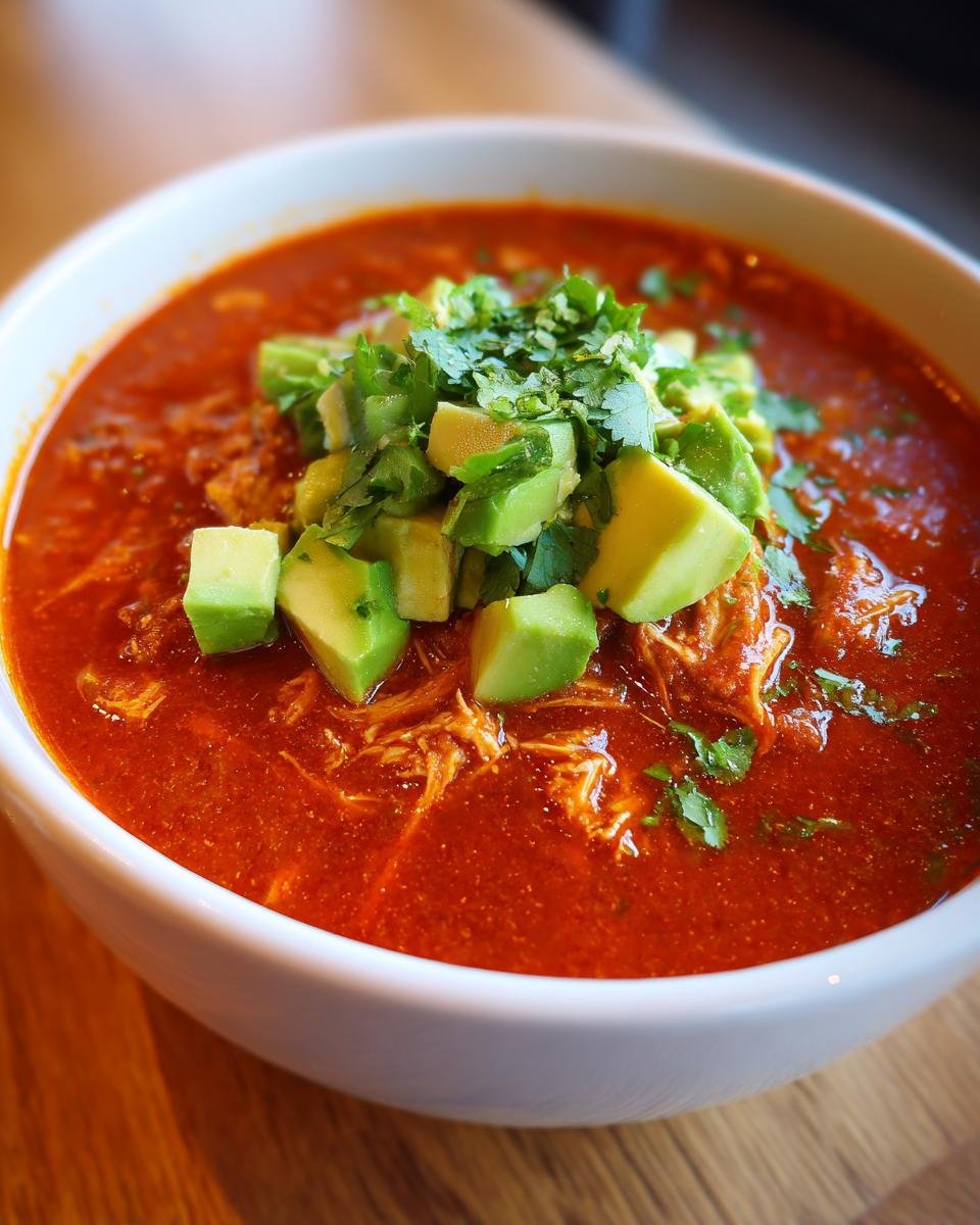 A close-up of a bowl of rich, red Instant Pot Chicken Enchilada Soup topped with diced avocado and fresh cilantro.