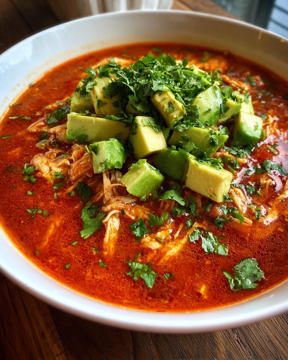 Close-up of a vibrant red bowl of Instant Pot Chicken Enchilada Soup topped generously with diced avocado and fresh cilantro.
