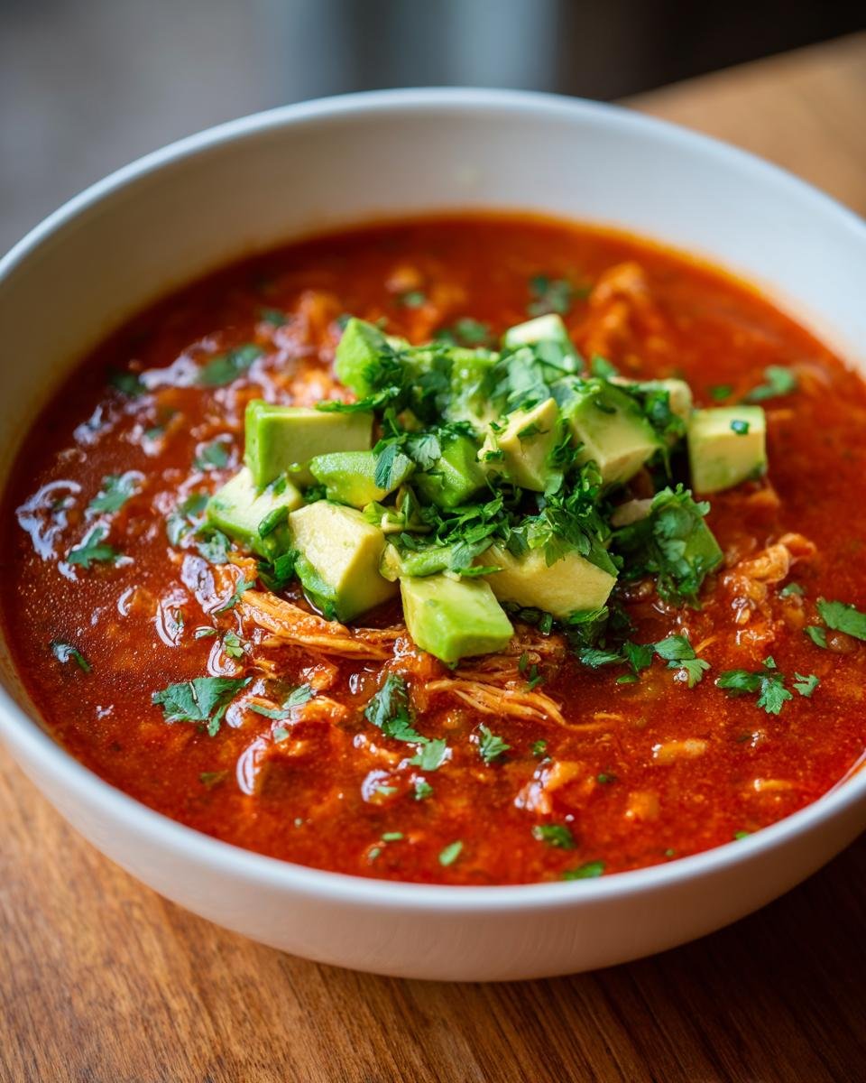 A close-up of a bowl of vibrant red Instant Pot Chicken Enchilada Soup topped with diced avocado and fresh cilantro.