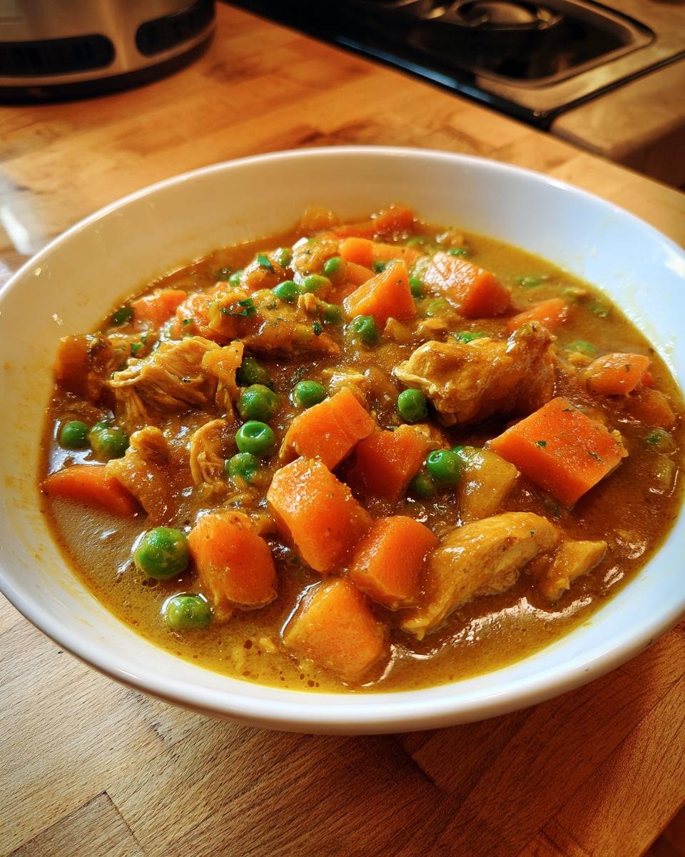 A close-up of a white bowl filled with rich, savory Instant Pot Chicken Stew featuring chunks of chicken, bright orange carrots, and green peas.