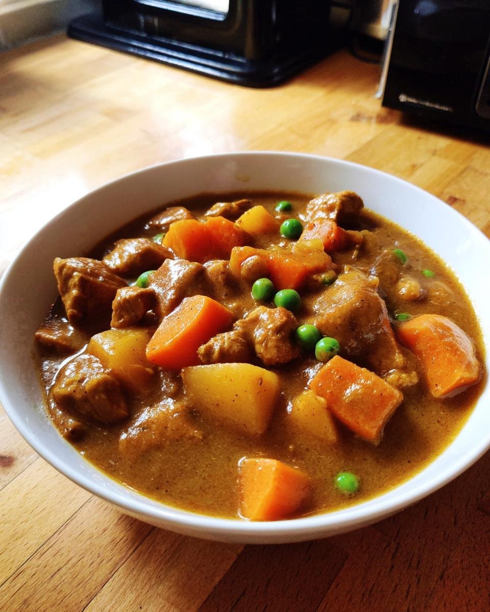 A white bowl filled with rich, savory Instant Pot Chicken Stew featuring chunks of chicken, carrots, potatoes, and peas.