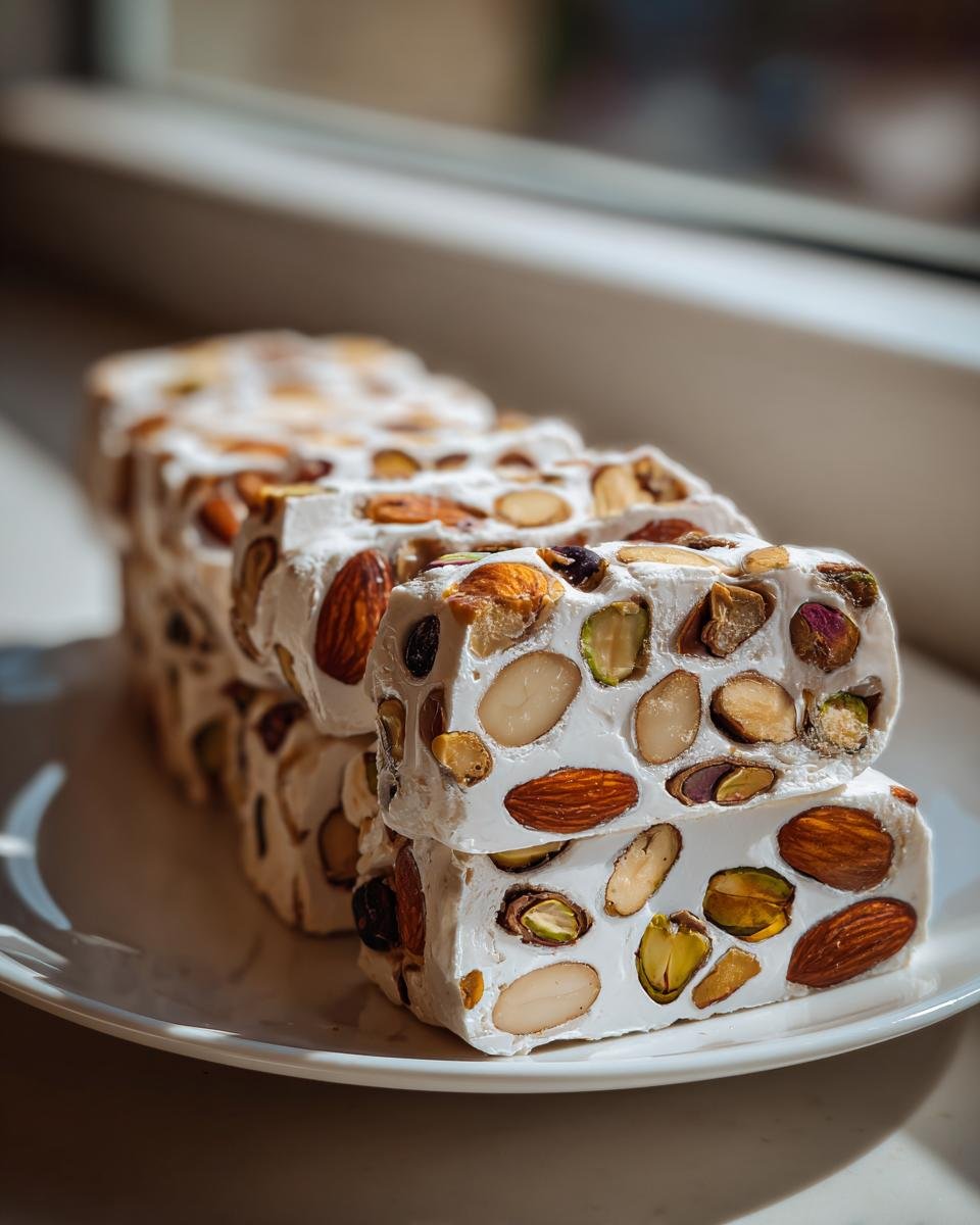 Close-up of stacked slices of The Best Italian Torrone recipe, packed with almonds and pistachios.
