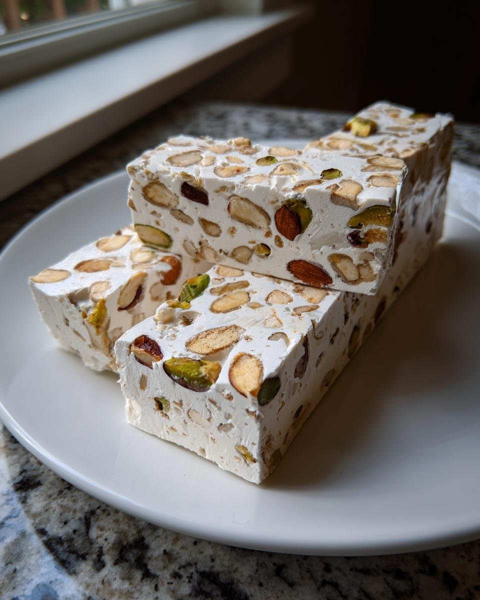 Three stacked slices of chewy Italian Torrone packed densely with almonds and pistachios on a white plate.