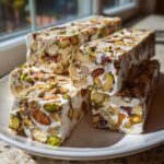 Close-up of several thick slices of The Best Italian Torrone recipe, packed with almonds and pistachios.