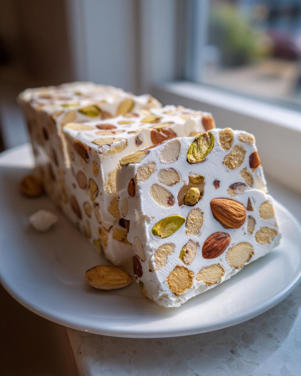Close-up of thick slices of The Best Italian Torrone recipe, packed with almonds and pistachios, on a white plate.