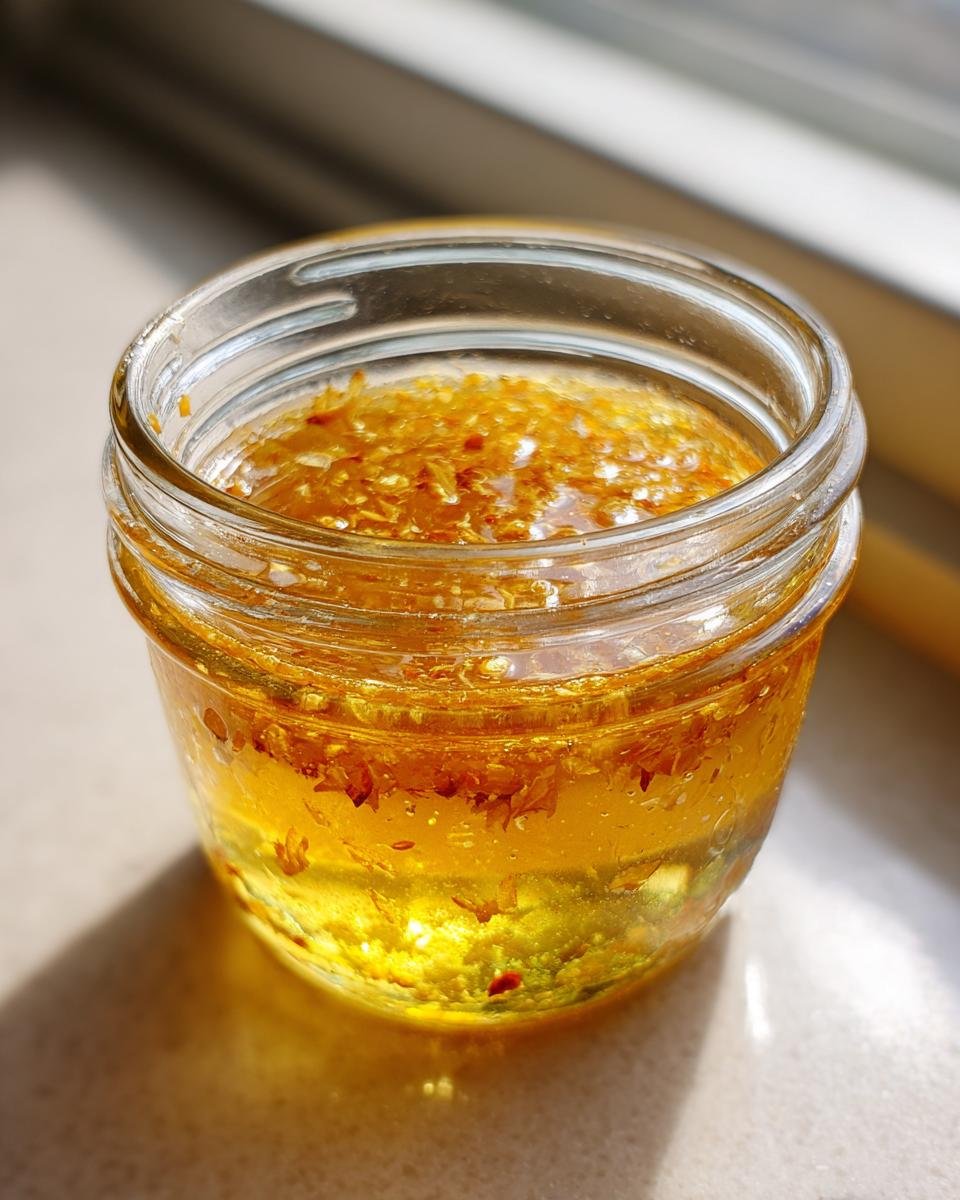 Close-up of homemade Japanese Ginger Salad Dressing, showing golden liquid with visible shreds of ginger and spices in a small glass jar.