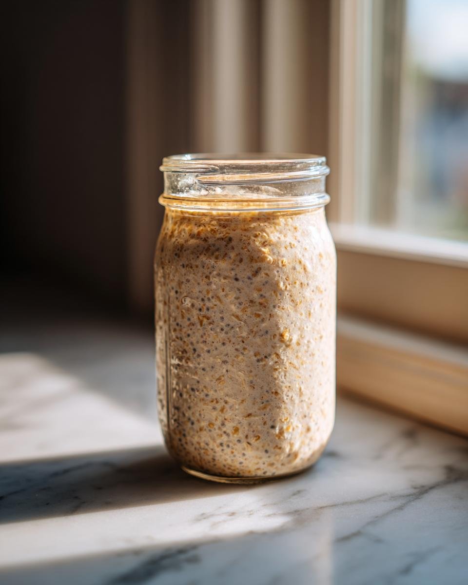 A glass jar filled with prepared Coconut Milk Overnight Oats showing oats and chia seeds soaking.