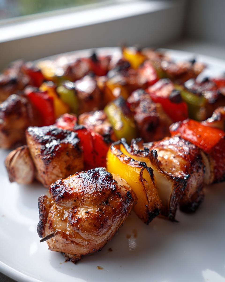 Close-up of perfectly charred and glazed Grilled Chicken Skewers with chunks of red, yellow, and green bell peppers on a white plate.