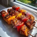 Close-up of perfectly glazed Grilled Chicken Skewers featuring chunks of chicken, red onion, and yellow bell pepper.